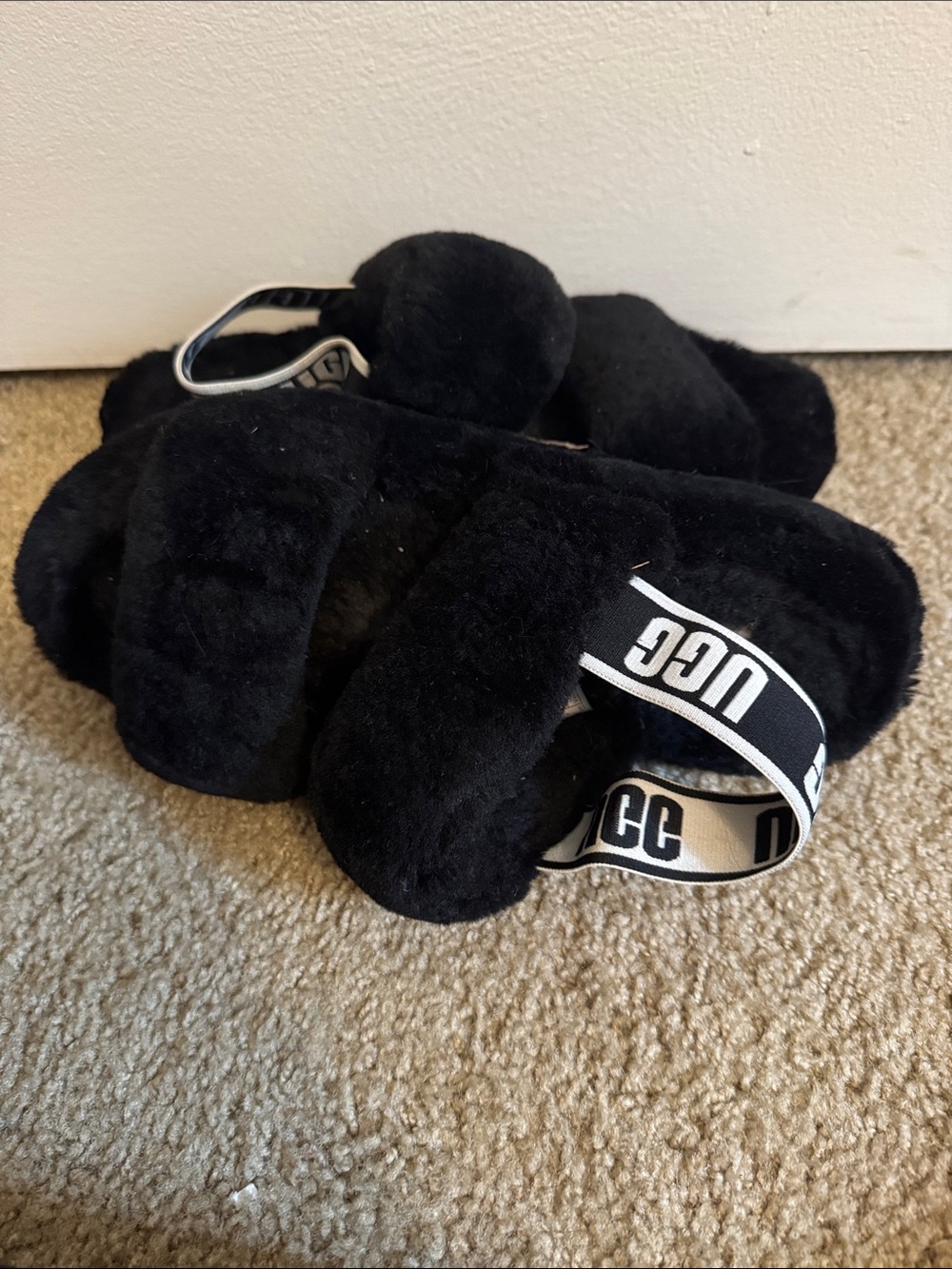 Ugg Black Faux Fur Slip-On Slippers with Rubber Sole - Picture 1 of 3